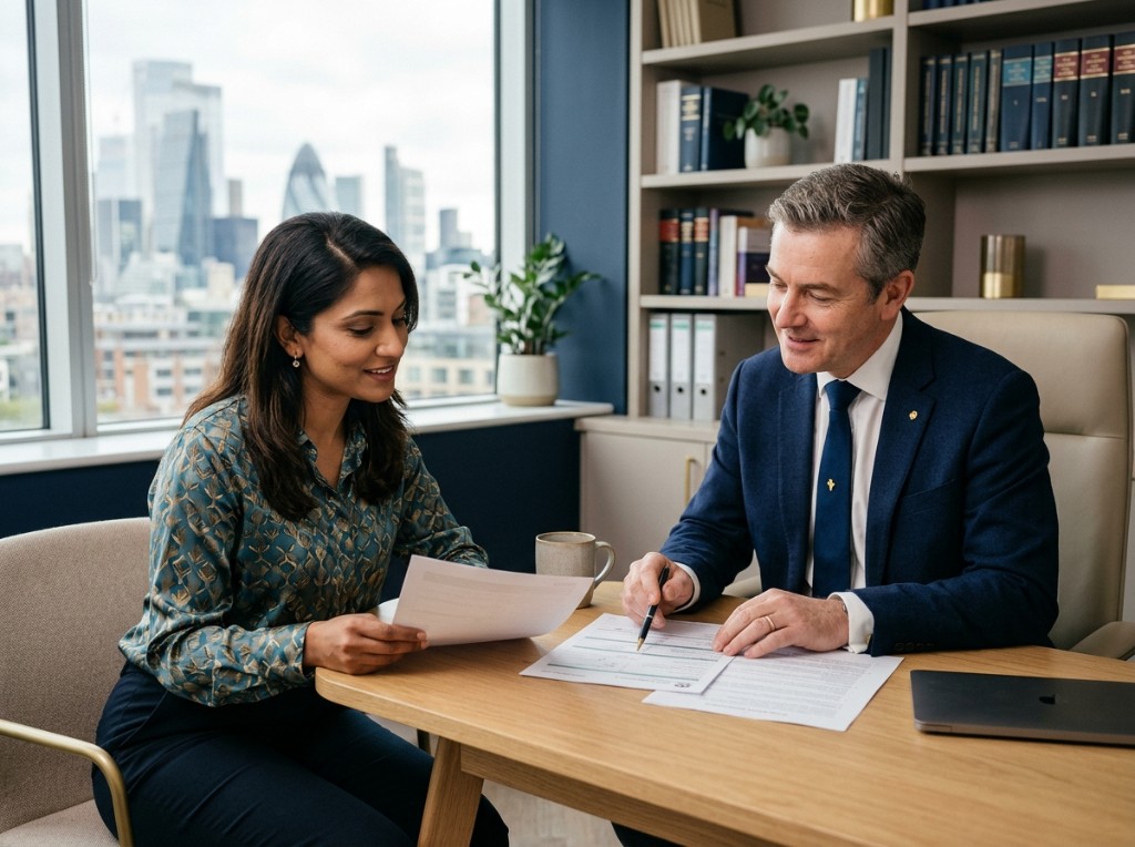 JKR Solicitors consultation — advisors reviewing documents together in a modern office